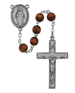 7mm Sterling Silver with Brown Wood Rosary