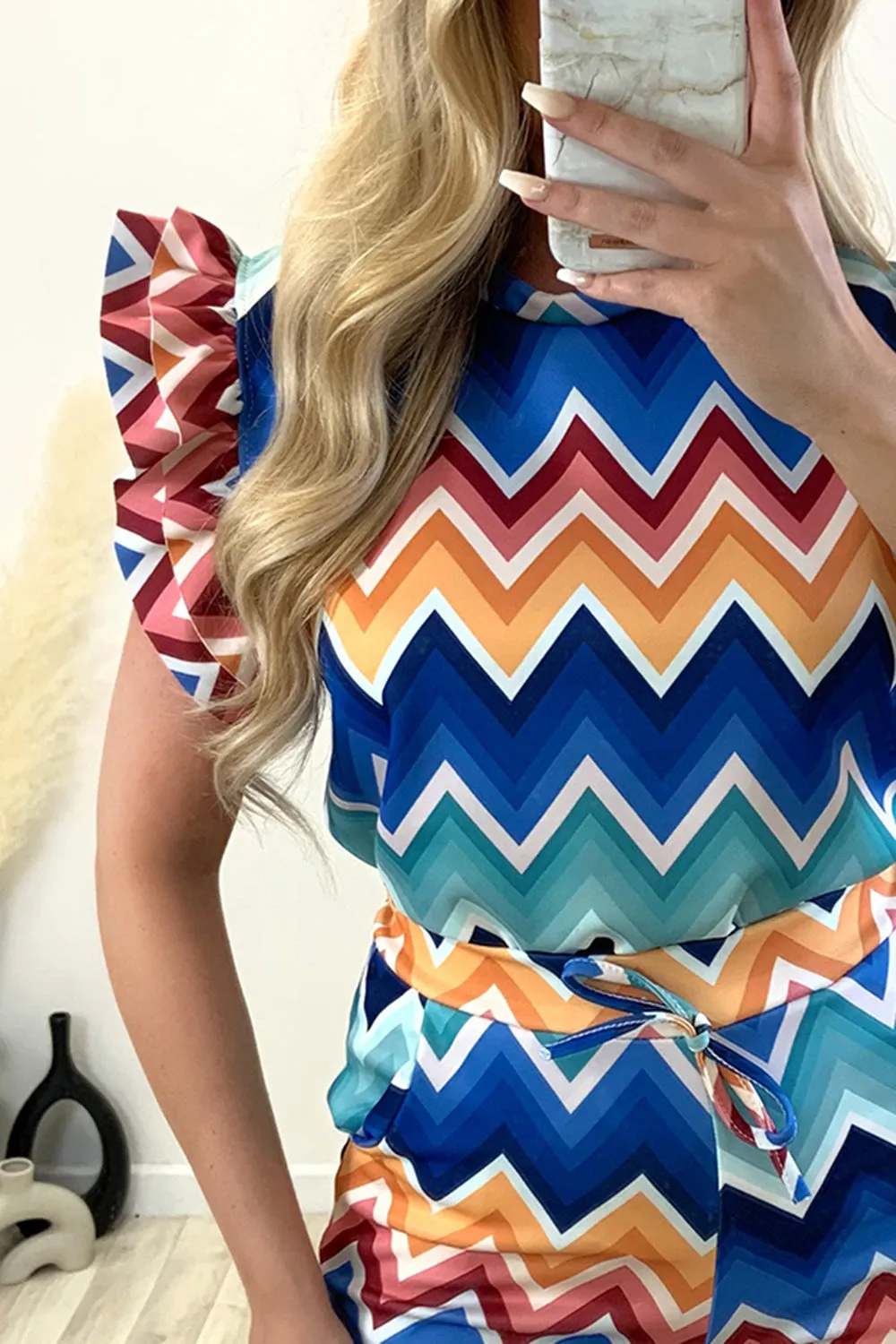 Amira Blue Zig Zag Print Frill Top and Shorts Co-Ord Set