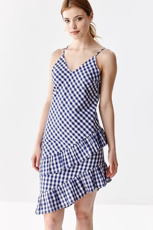 Asymmetrical Navy Gingham Dress