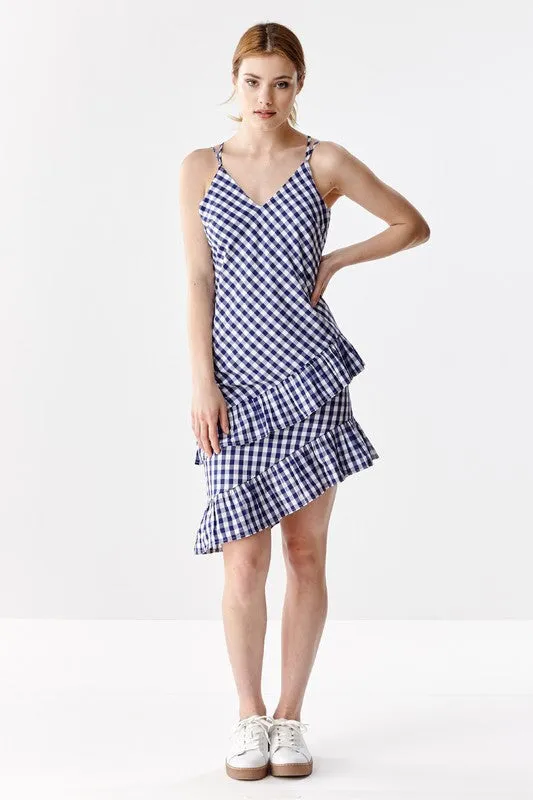 Asymmetrical Navy Gingham Dress