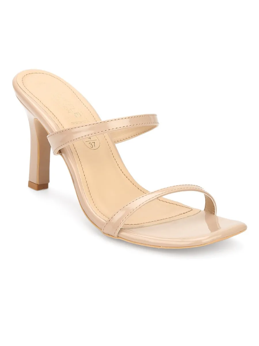 Beige Patent Slim Strap High Heel Mules