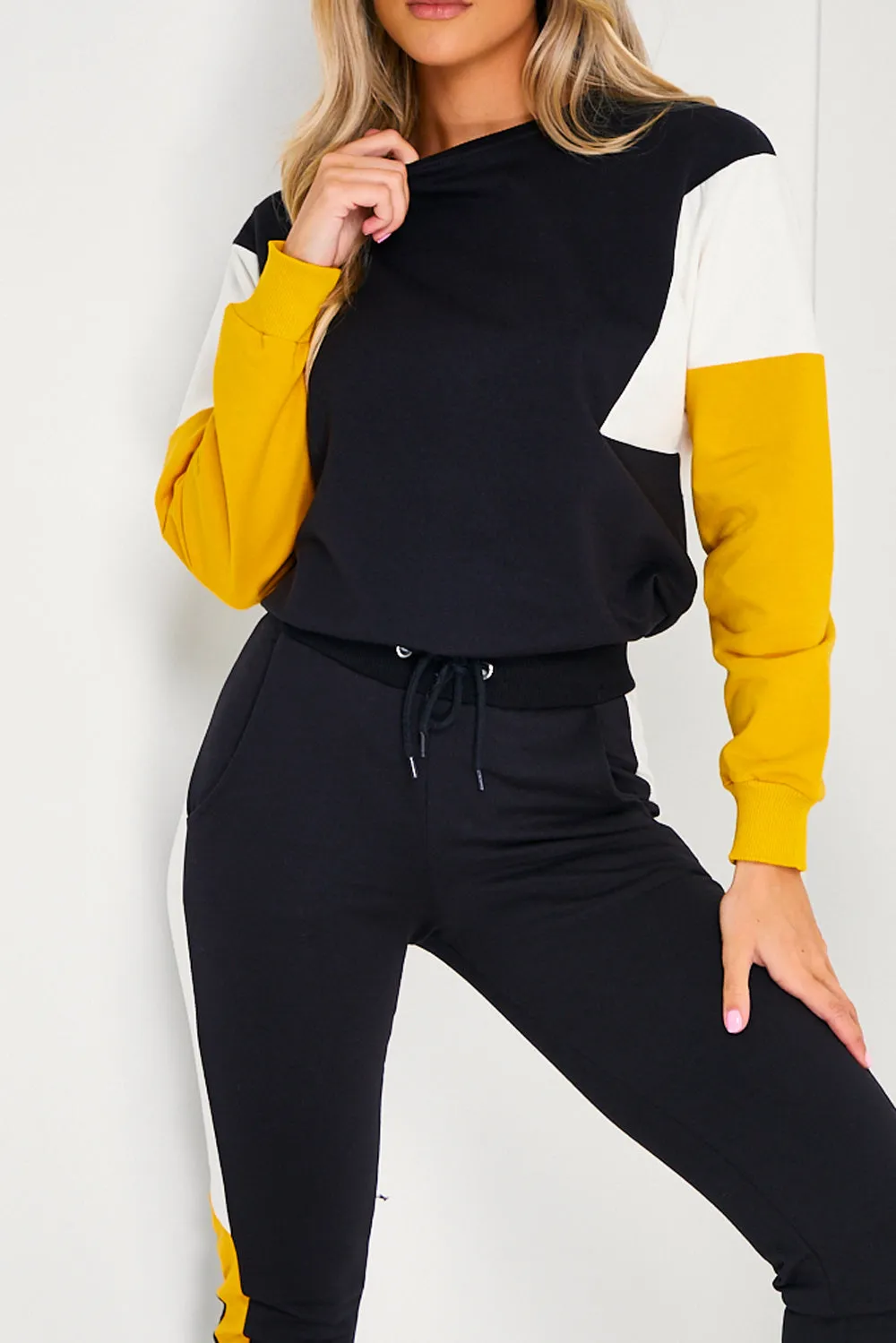 Black, Cream & Mustard Colour Block Tracksuit Set