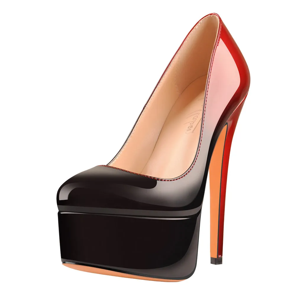 Black Red Gradient Patent Leather Rounde Toe Platform Stiletto High Heels Pumps