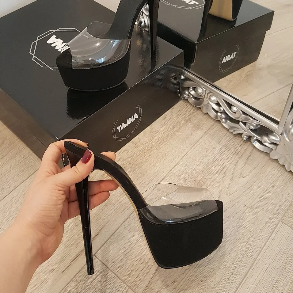 Black Transparent Strap Heel Platform Mules