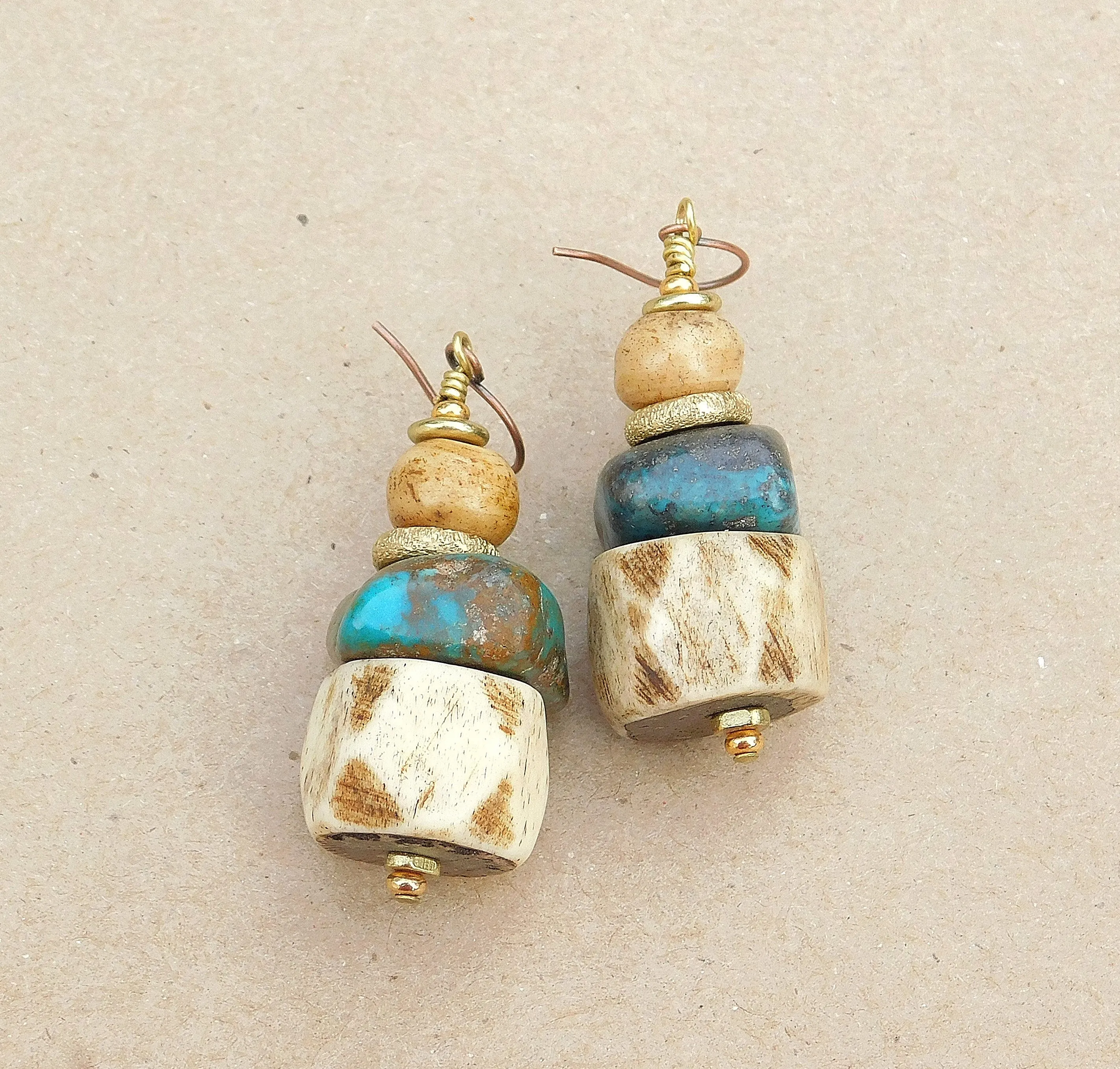 Bold Turquoise and Faceted Bone Earrings