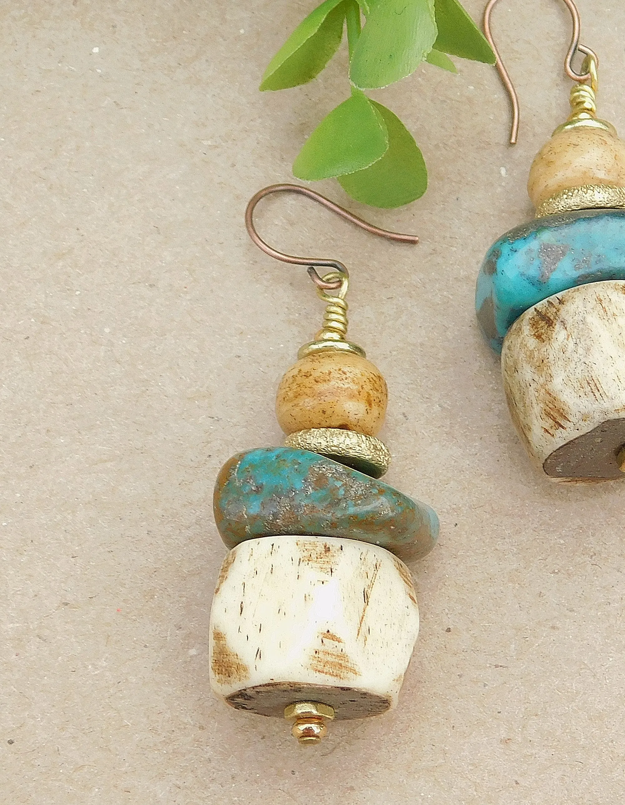 Bold Turquoise and Faceted Bone Earrings