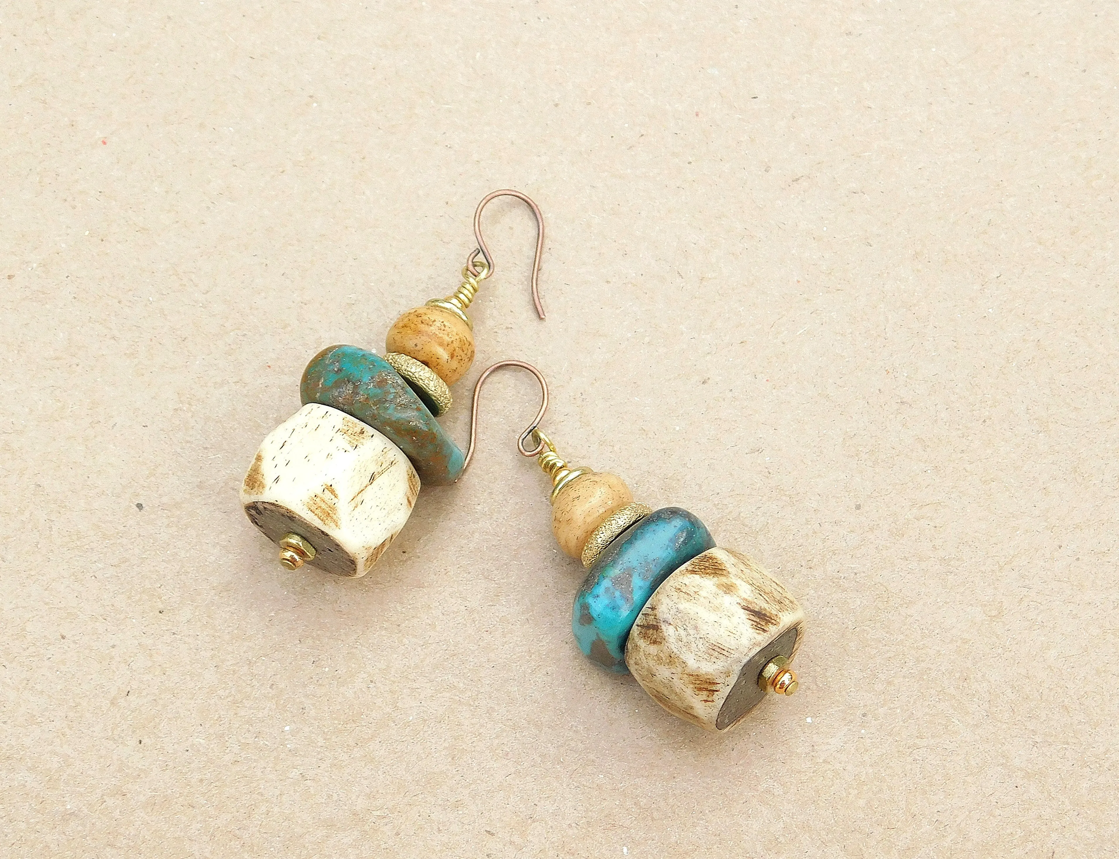 Bold Turquoise and Faceted Bone Earrings