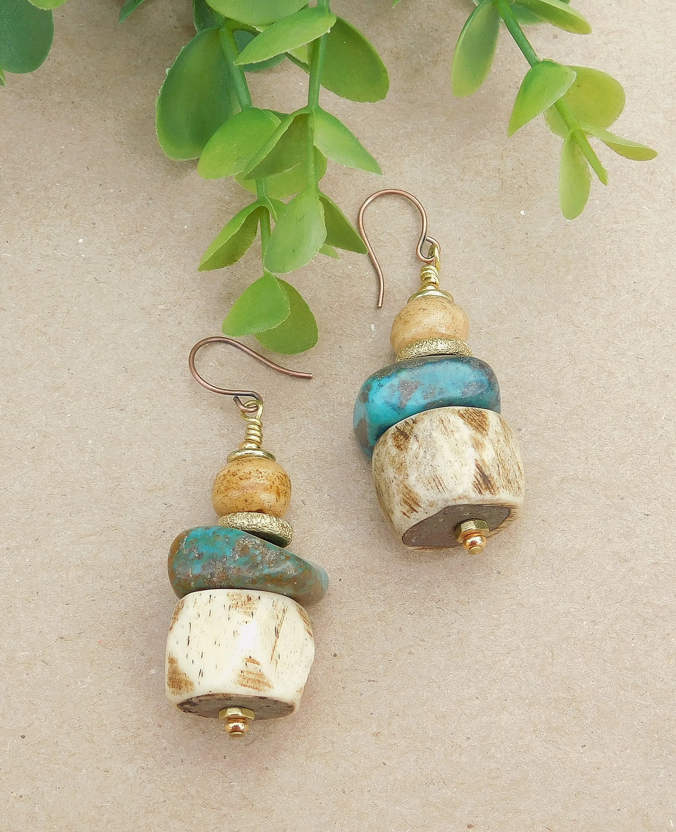 Bold Turquoise and Faceted Bone Earrings