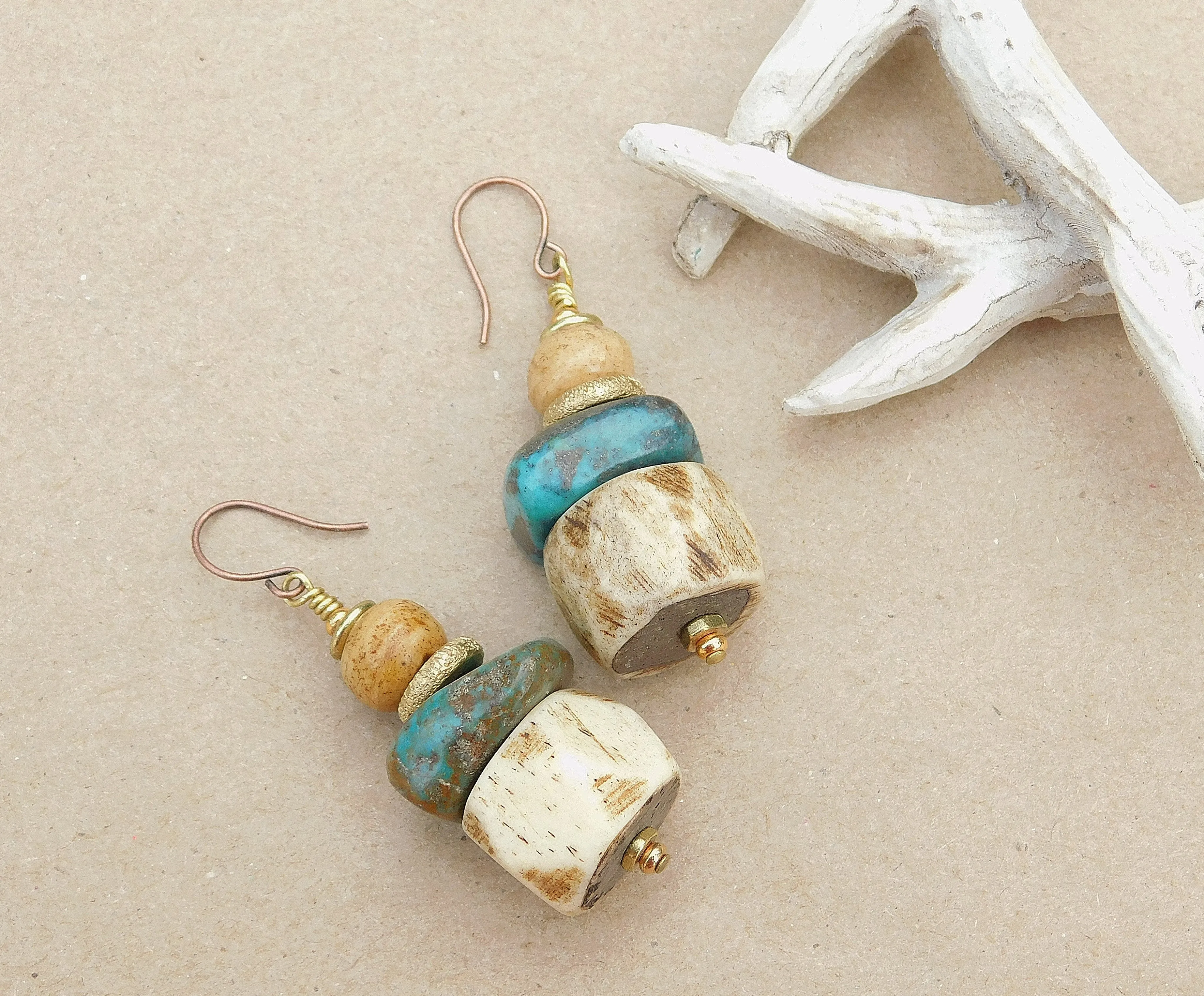 Bold Turquoise and Faceted Bone Earrings