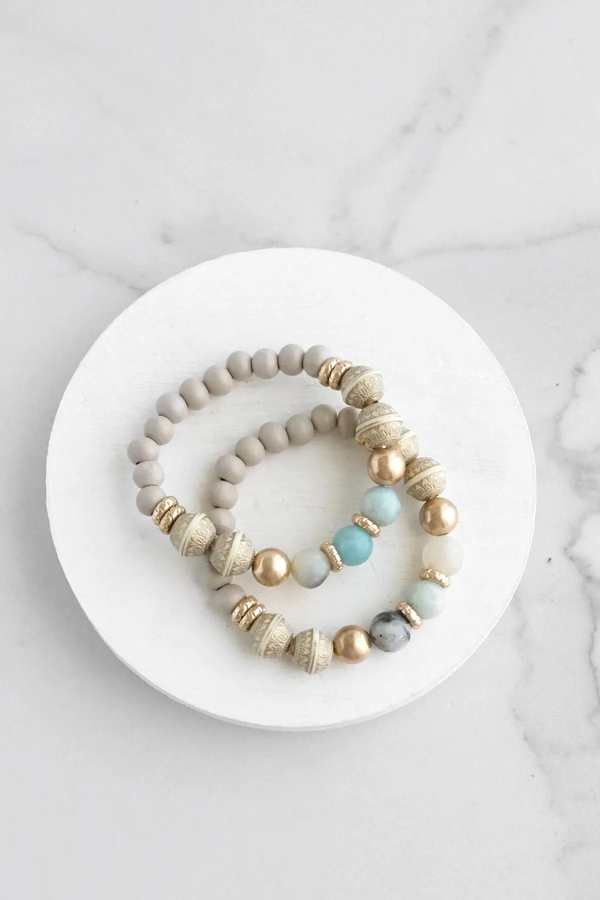 Bracelet Stack of 2 pieces Gold Neutral and Green Amazonite beads