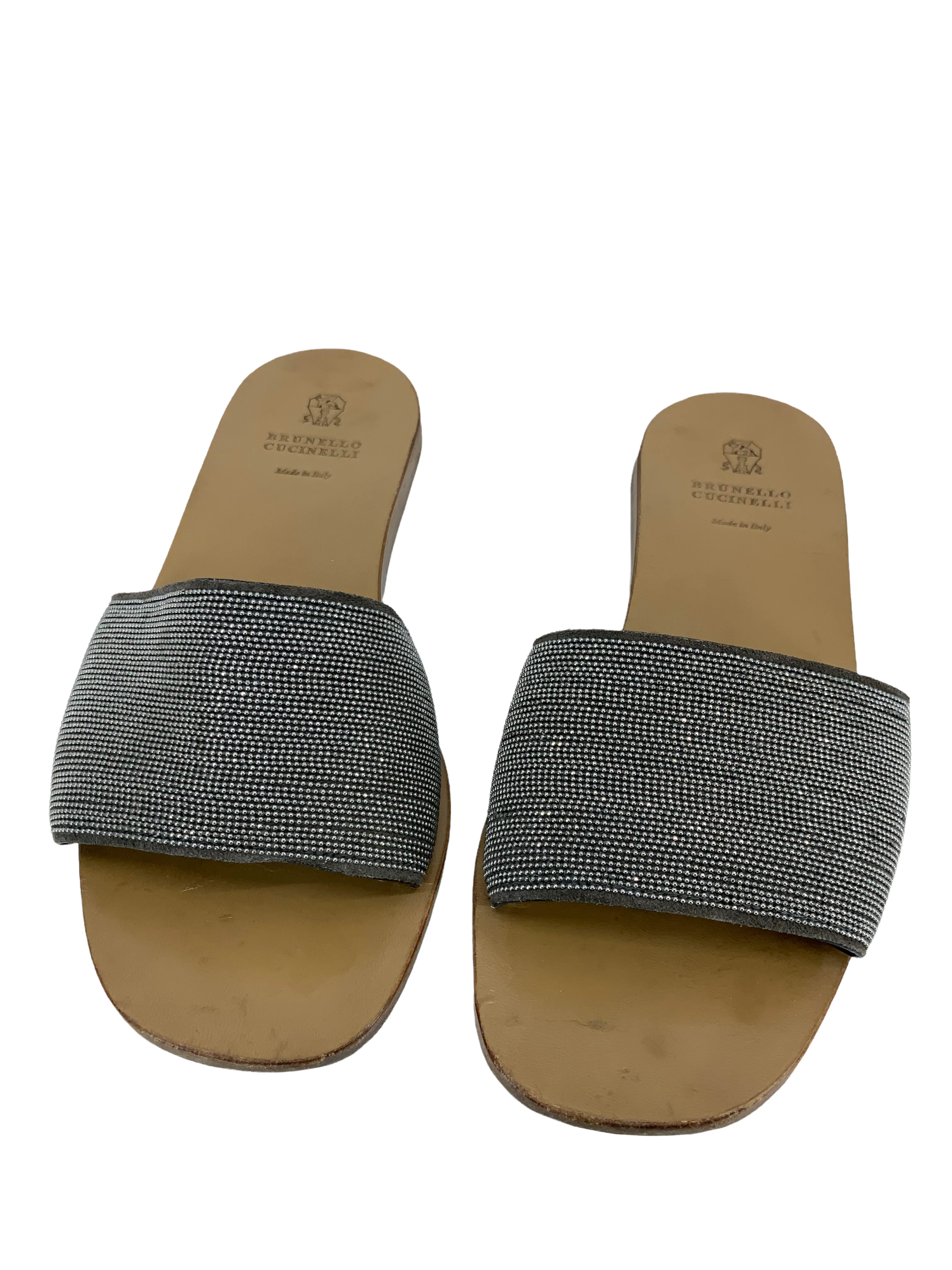 Brunello Cucinelli Bead-Embellished Leather Slides Size 6