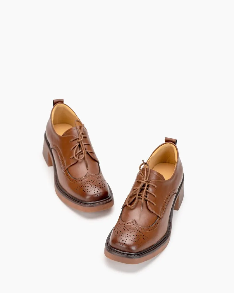 Carved Wingtip Brogues Lace-up Chunky Heel Oxford