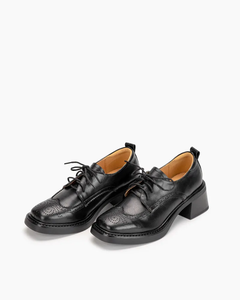 Carved Wingtip Brogues Lace-up Chunky Heel Oxford