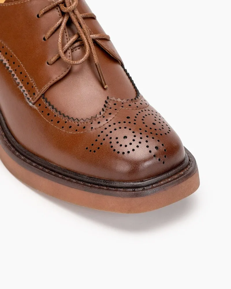 Carved Wingtip Brogues Lace-up Chunky Heel Oxford