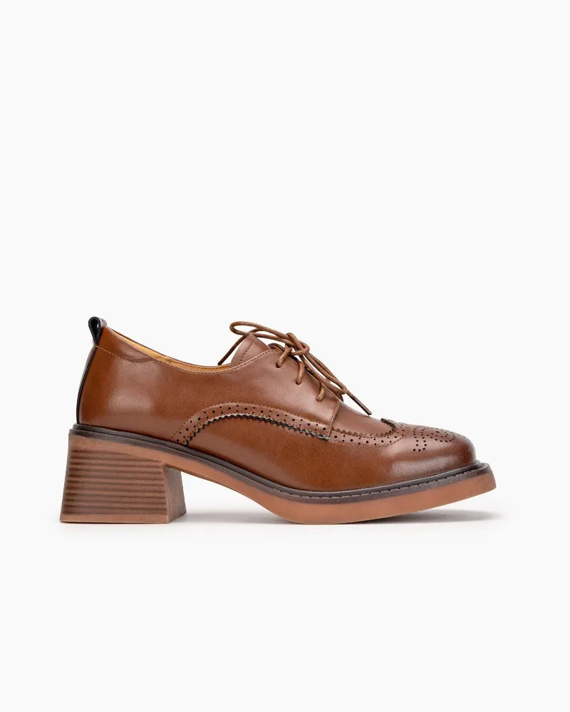 Carved Wingtip Brogues Lace-up Chunky Heel Oxford