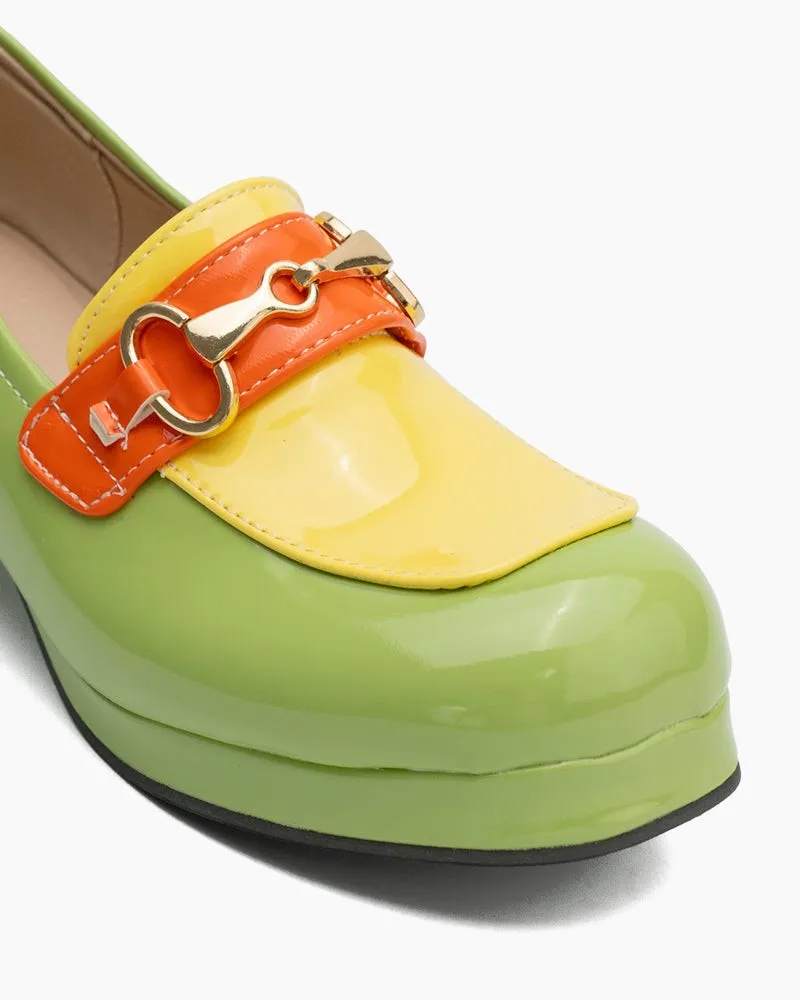 Classic Metal Buckle Colorblock Chunky Heeled Loafers