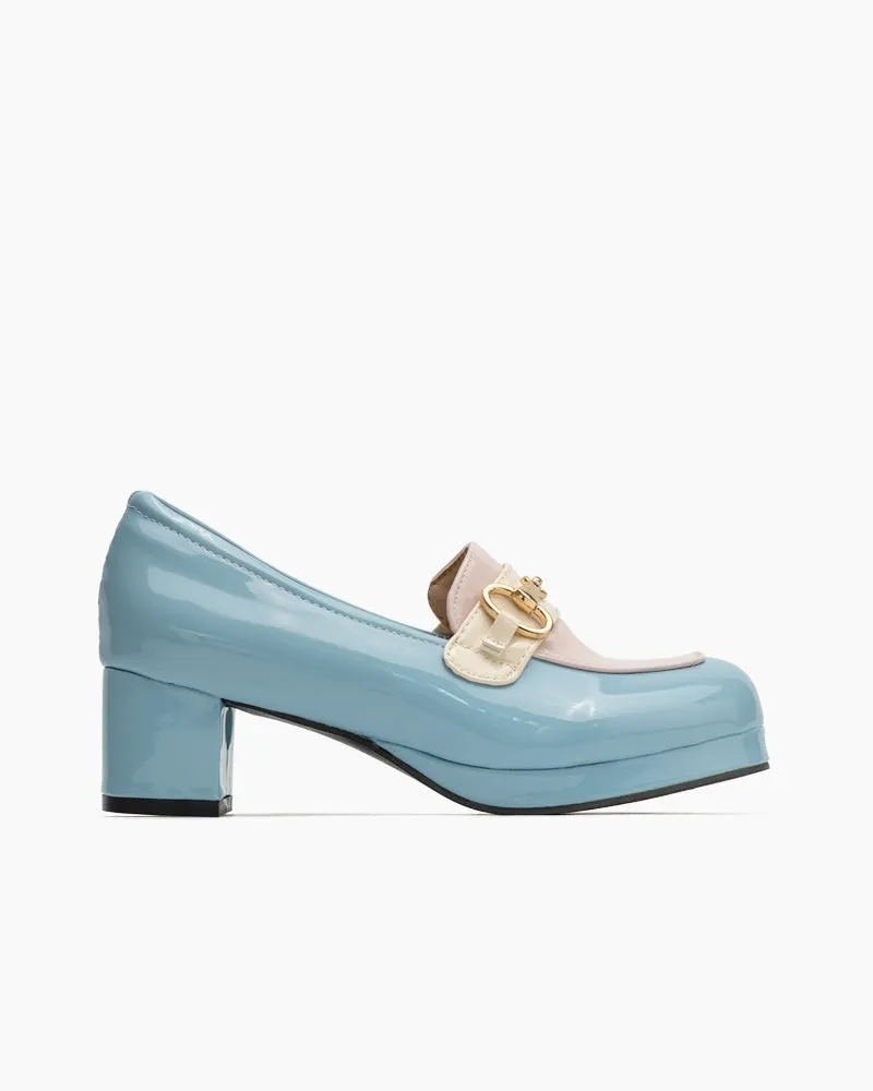 Classic Metal Buckle Colorblock Chunky Heeled Loafers