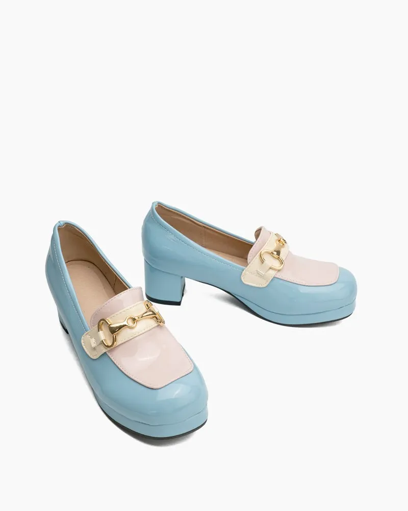 Classic Metal Buckle Colorblock Chunky Heeled Loafers