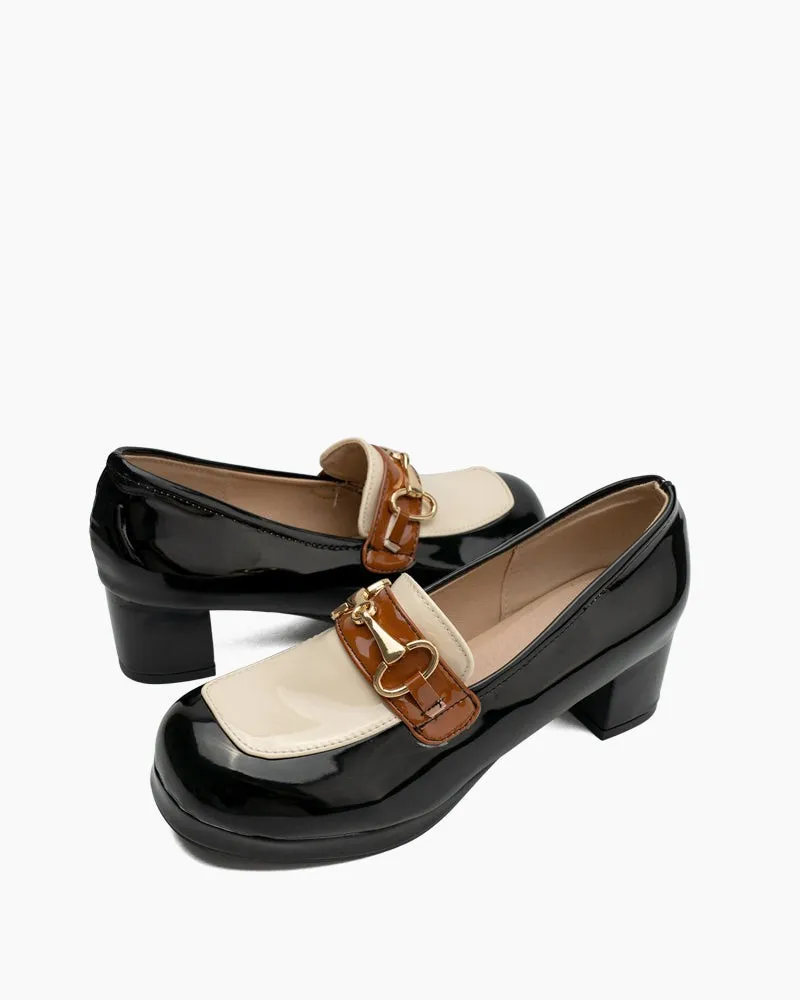 Classic Metal Buckle Colorblock Chunky Heeled Loafers