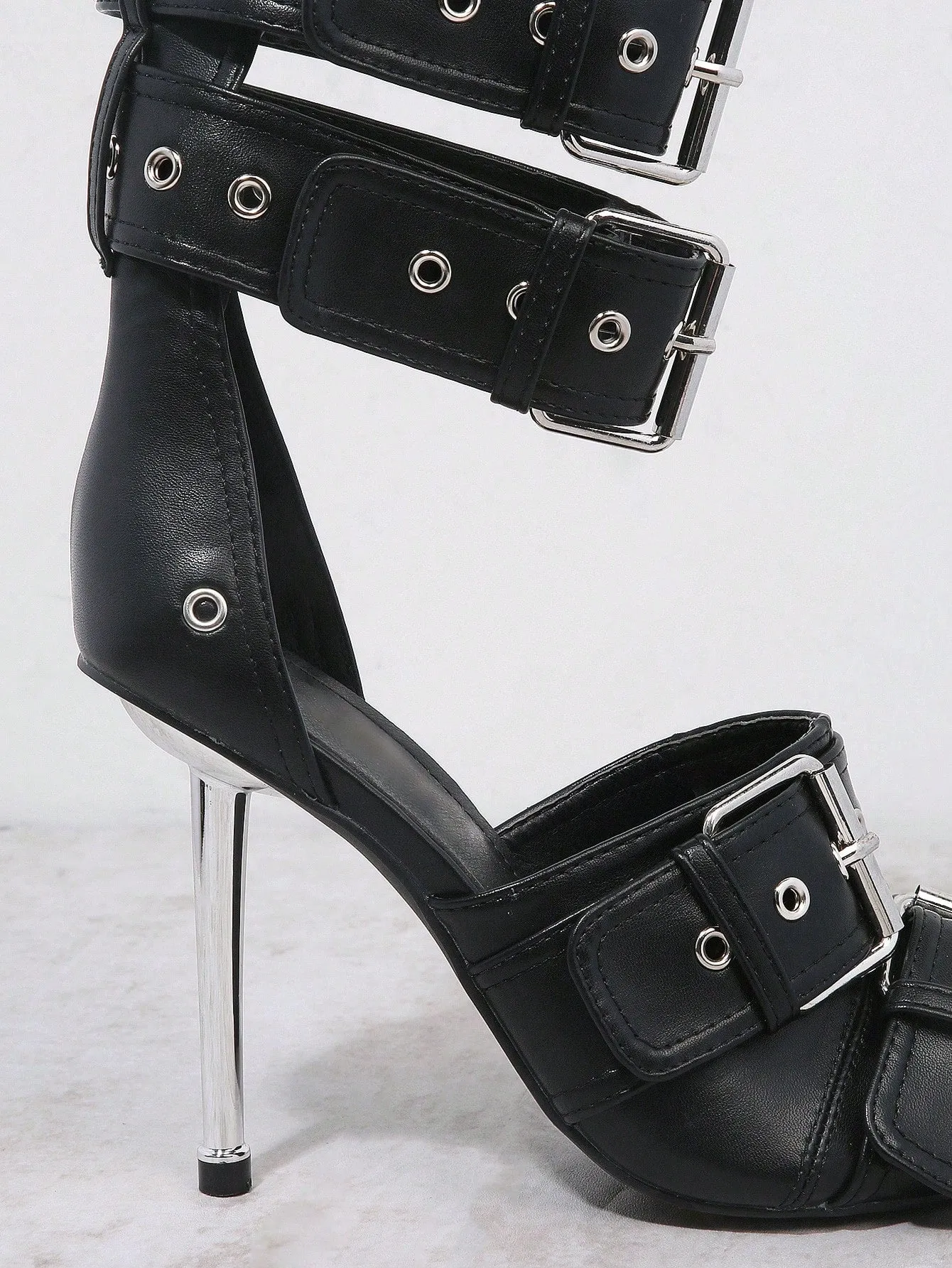 Faux Leather Pointed Toe Buckle Detail Stiletto Heels