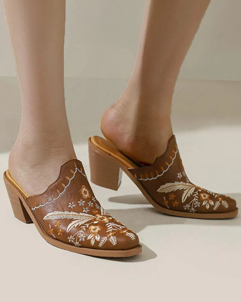 Floral Embroidery Chunky Heel Clogs