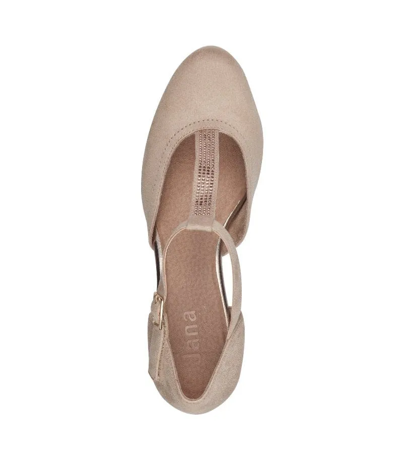 Jana Womens Beige Wide Fit Suede T-Bar Court Shoe - 8-24474-42