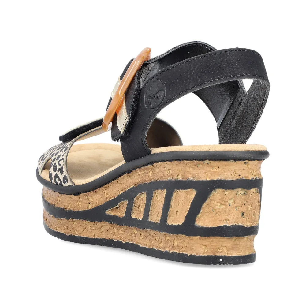 Ladies Rieker Sandals Wedge Heel Fashion Black & Leopard Print 68176-00 sale