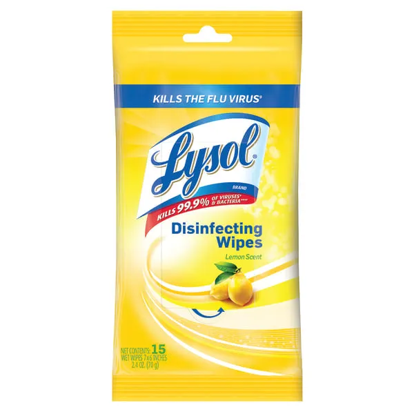 Lysol Lemon Scent Disinfecting Wet Wipes 7''x8'', Pack,  (15 Wipes Per Pack, 4 Packs)