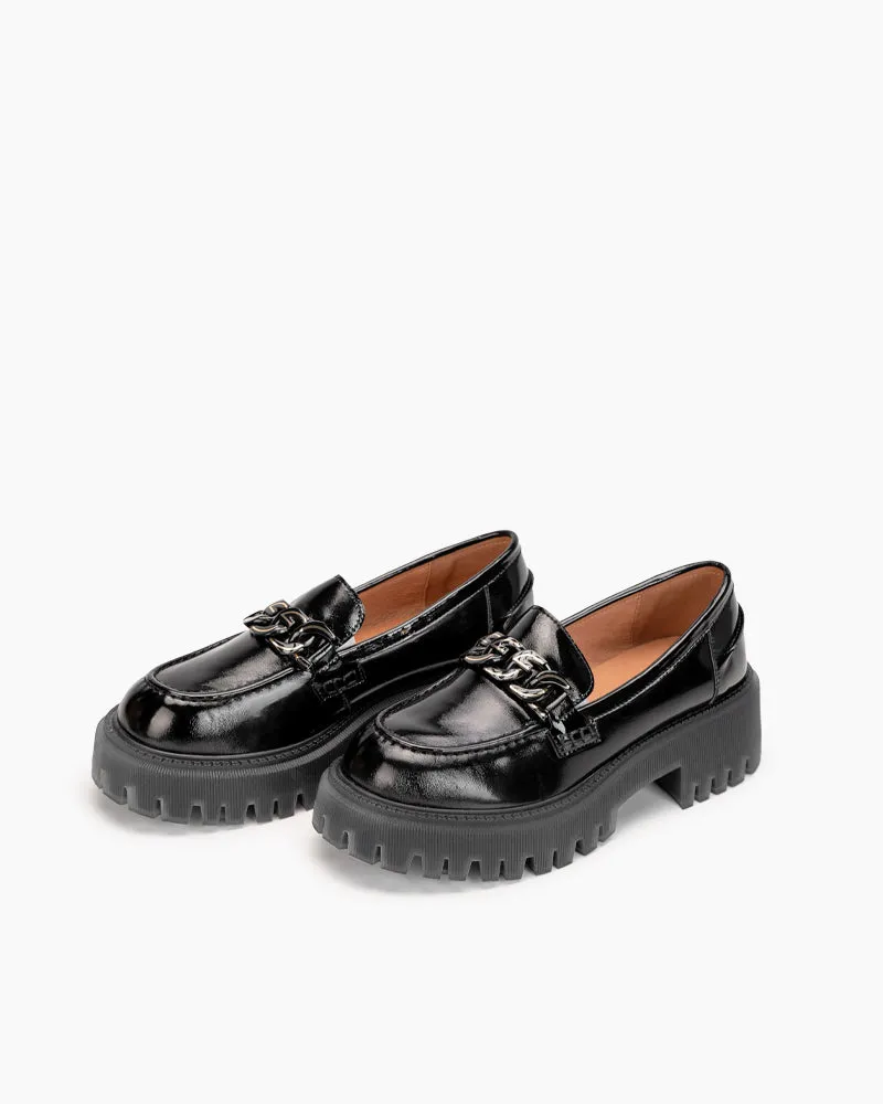 Metal Chain Comfort Chunky Heel Platform Loafers