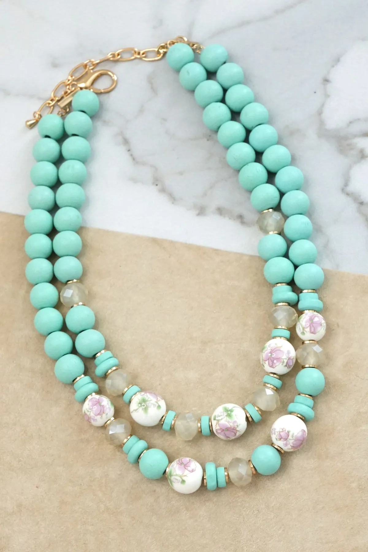 Multi Strand Spring Wood and Chinoiserie Beads Short Necklace in Mint Green and Gold