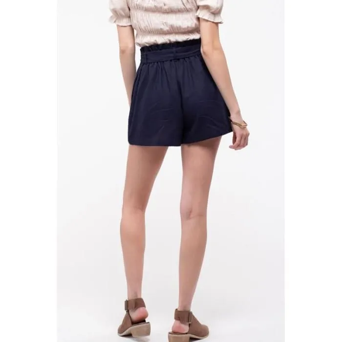 Navy Linen Blend Paper Bag Shorts