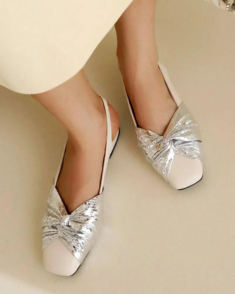 Patent Leather Square Toe Bow Back Block Heel Flats