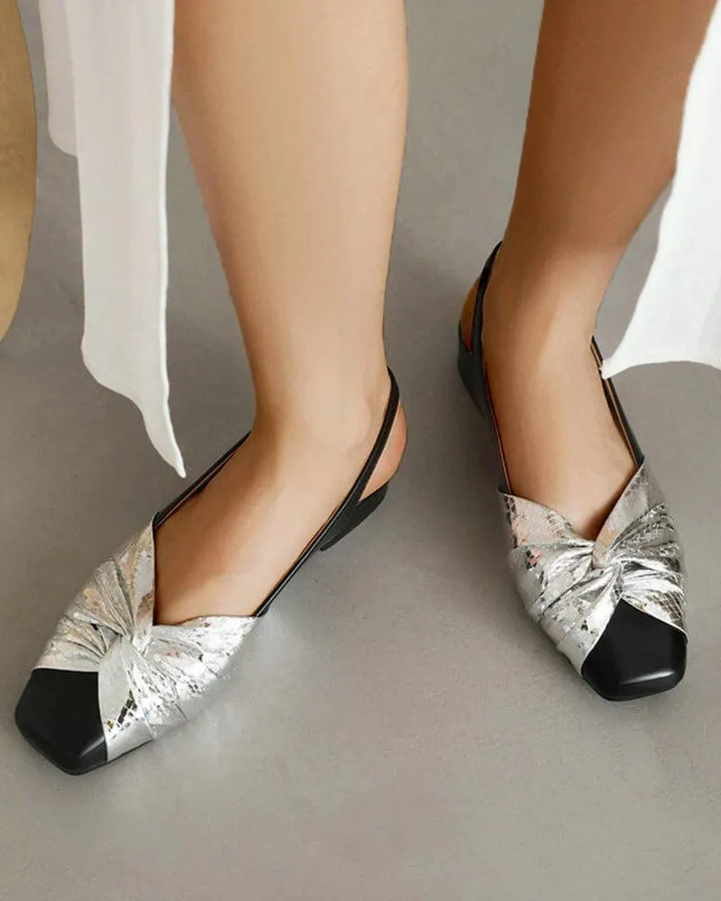 Patent Leather Square Toe Bow Back Block Heel Flats