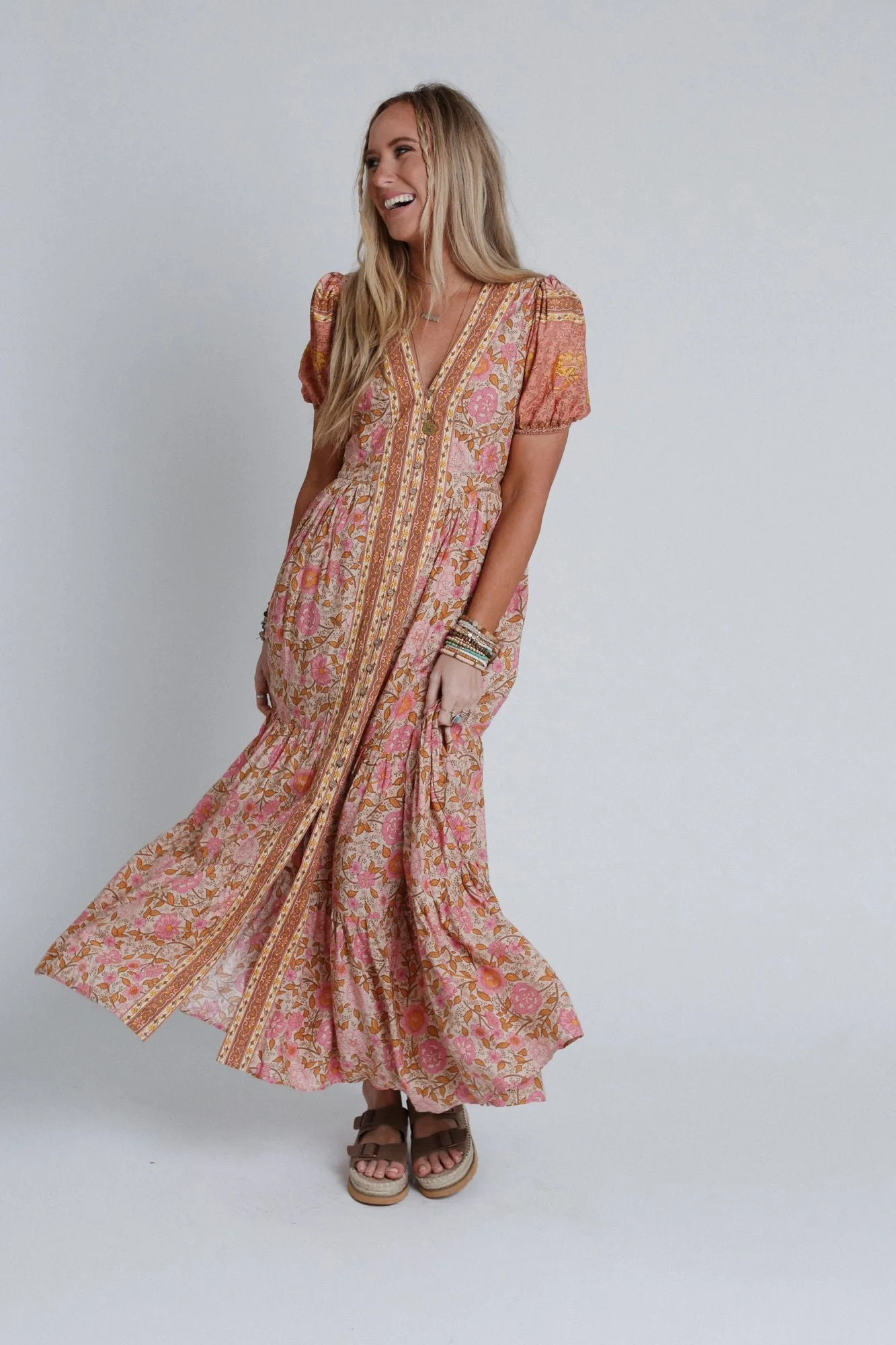 Rustic Rose Border Print Maxi Dress - Rose