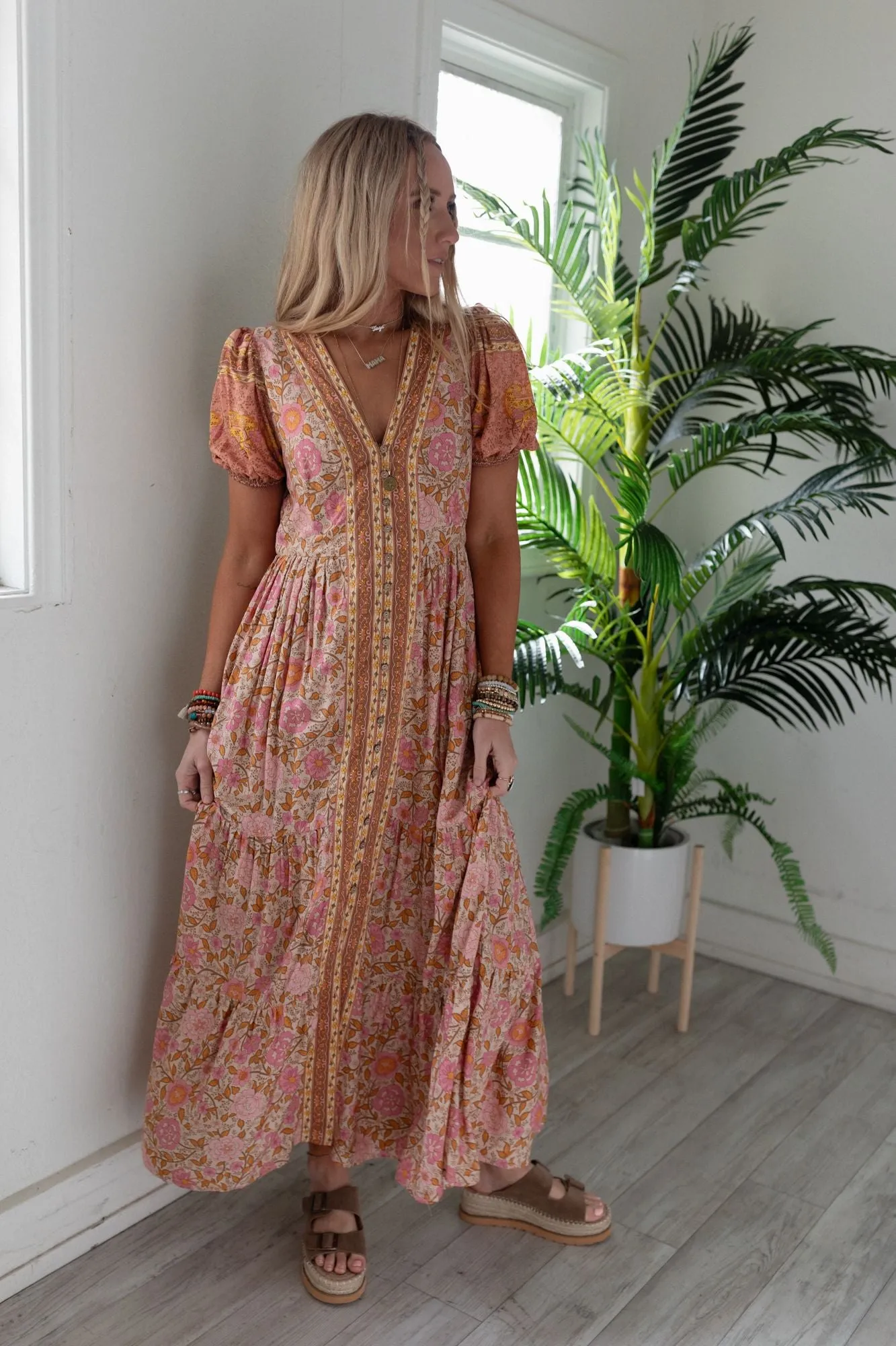 Rustic Rose Border Print Maxi Dress - Rose