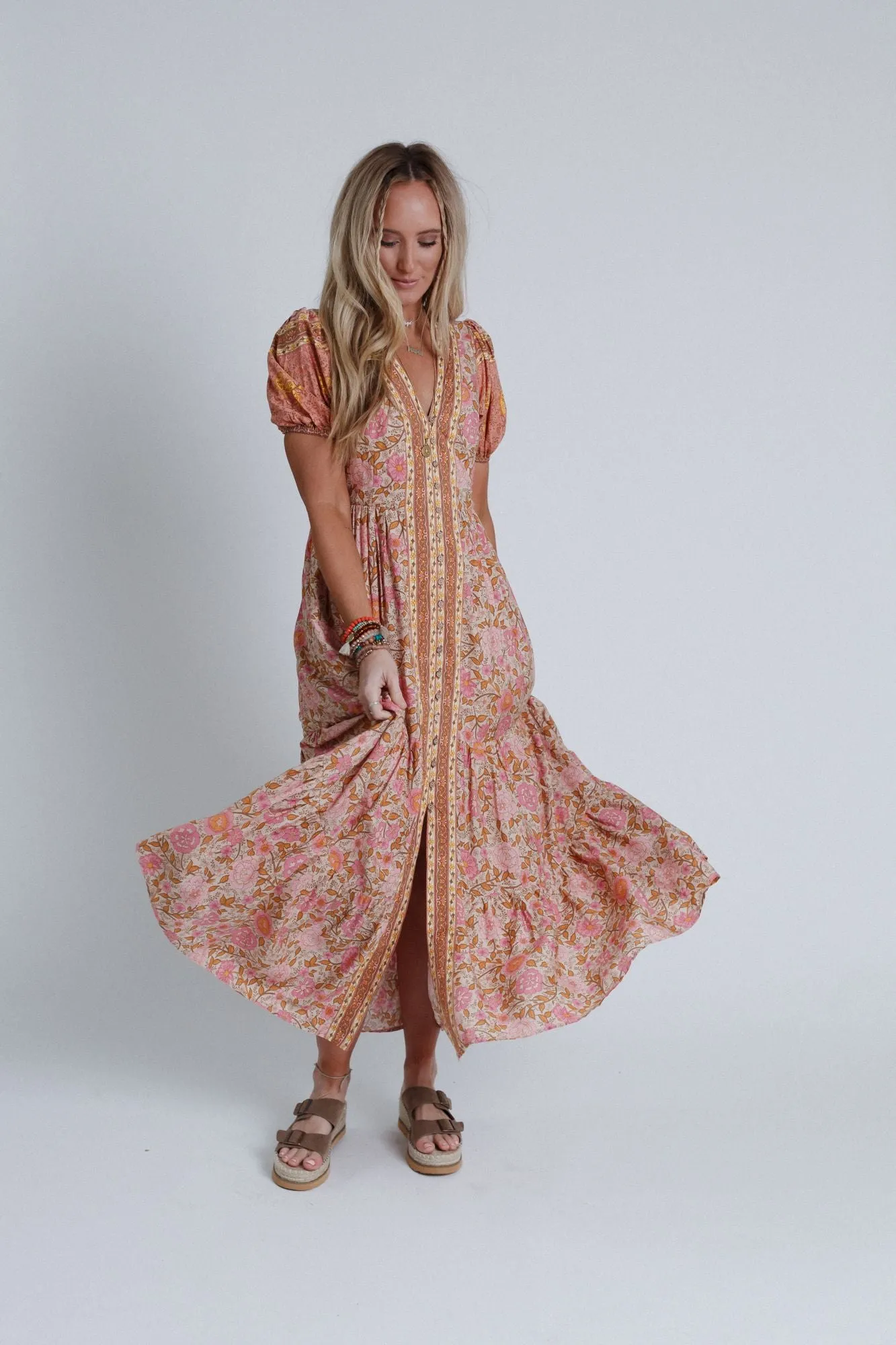 Rustic Rose Border Print Maxi Dress - Rose