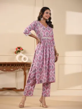 Sadabahaar Pink Jaal Handblock Printed Cotton Kurta Pant Set