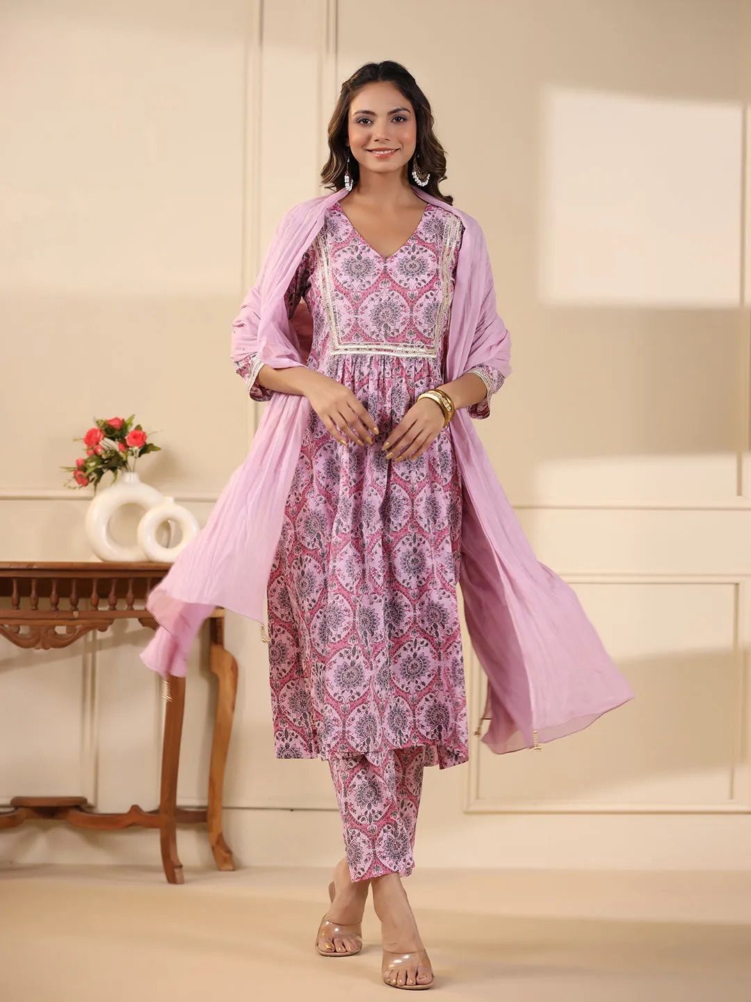 Sadabahaar Pink Jaal Handblock Printed Cotton Kurta Pant Set