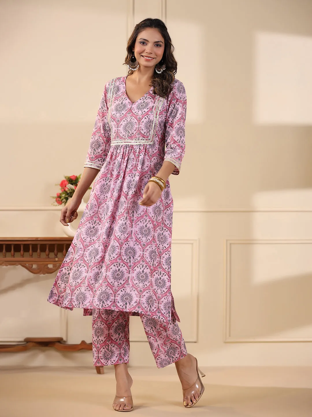 Sadabahaar Pink Jaal Handblock Printed Cotton Kurta Pant Set