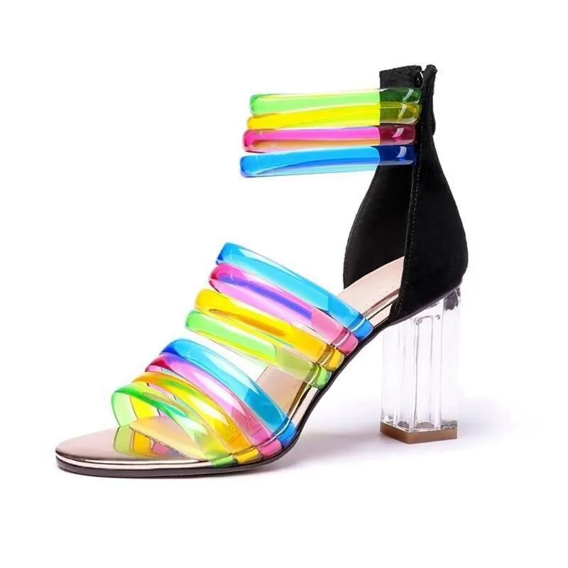 Suede Leather Clear High Heels Rainbow Sandals