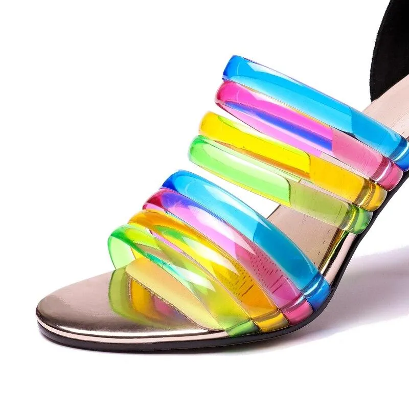 Suede Leather Clear High Heels Rainbow Sandals