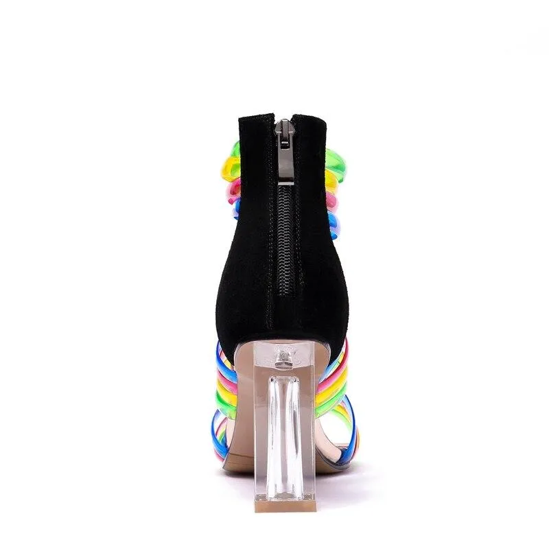 Suede Leather Clear High Heels Rainbow Sandals