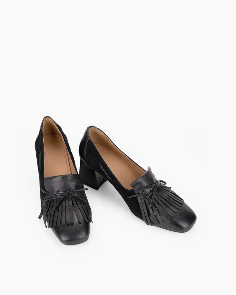 Tassel Bowtie Handmade Genuine Leather Chunky Heel Loafers