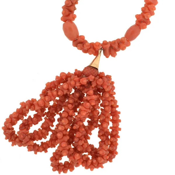 Victorian Natural Carved Coral Beaded Tassel Necklace