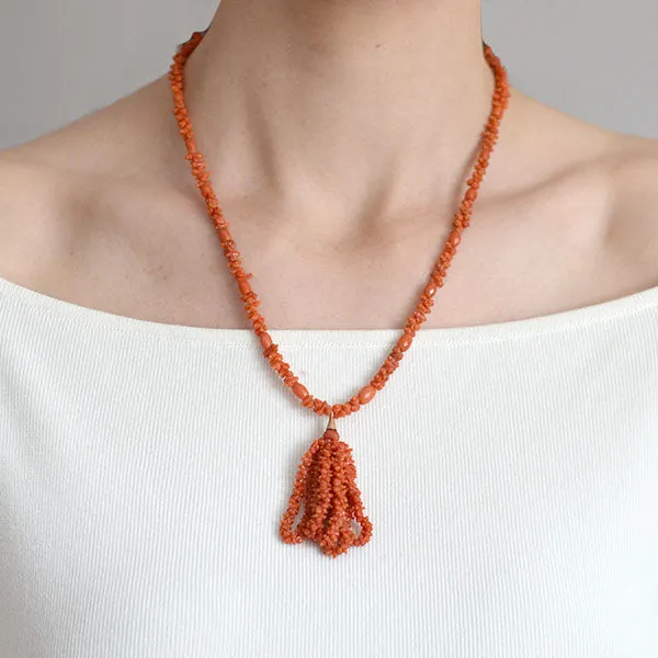 Victorian Natural Carved Coral Beaded Tassel Necklace