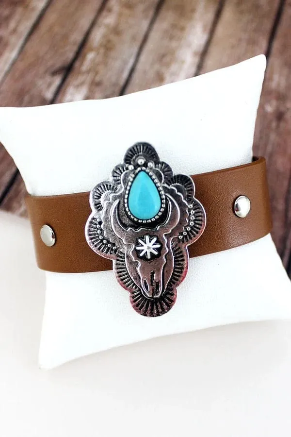 Wide Leather western charm CUFF SNAP BRACELET