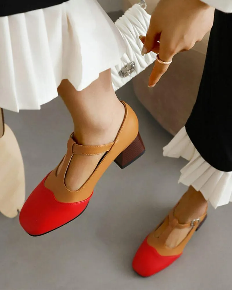 Women's Casual Color Block Square Toe Chunky Heels