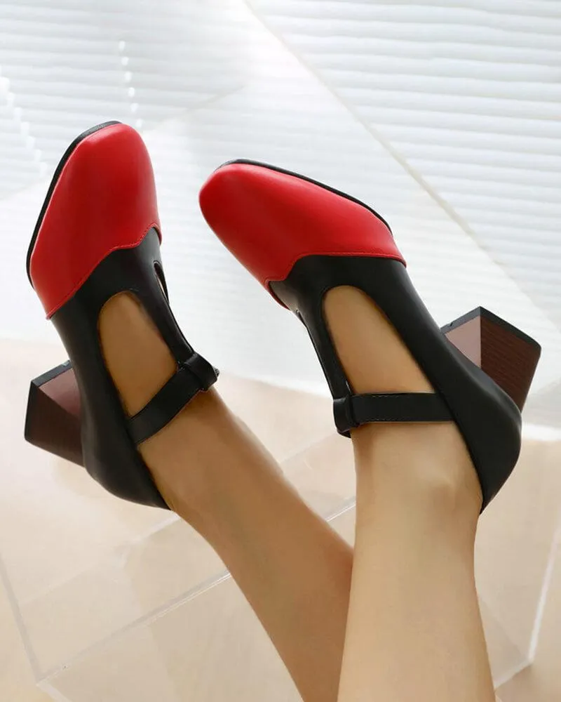 Women's Casual Color Block Square Toe Chunky Heels