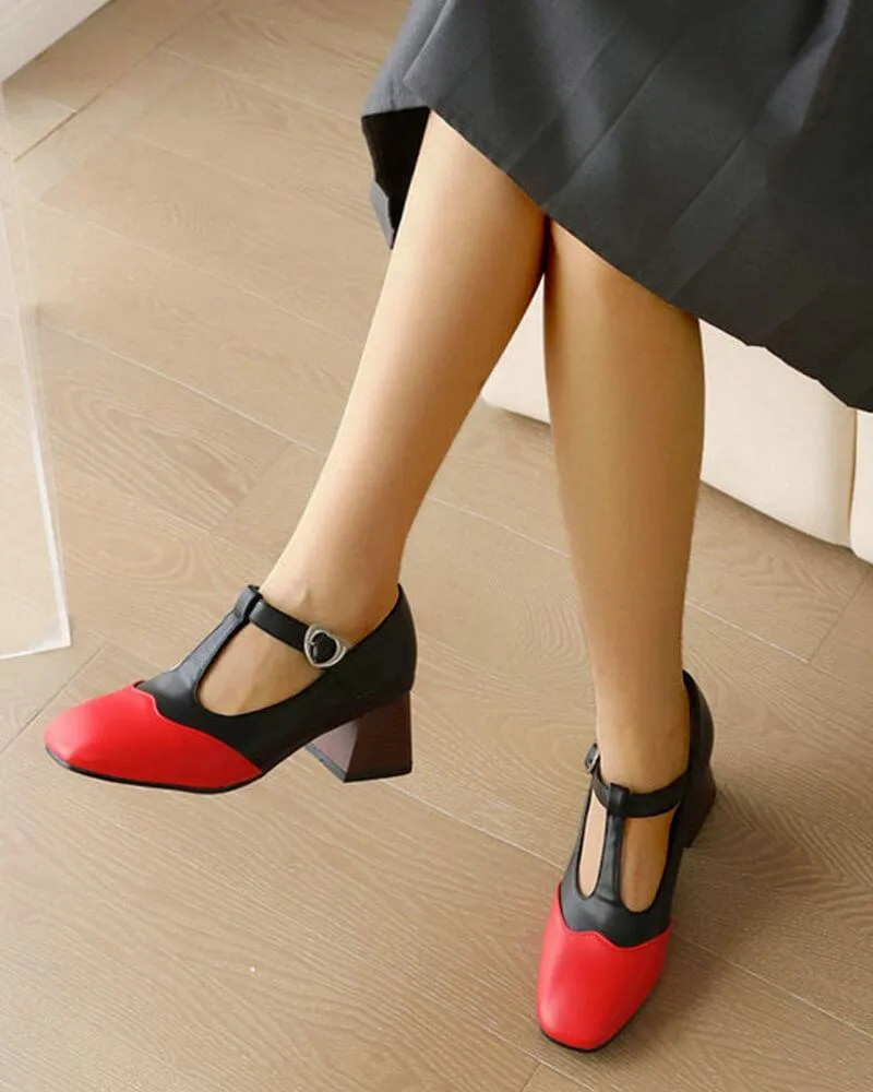 Women's Casual Color Block Square Toe Chunky Heels