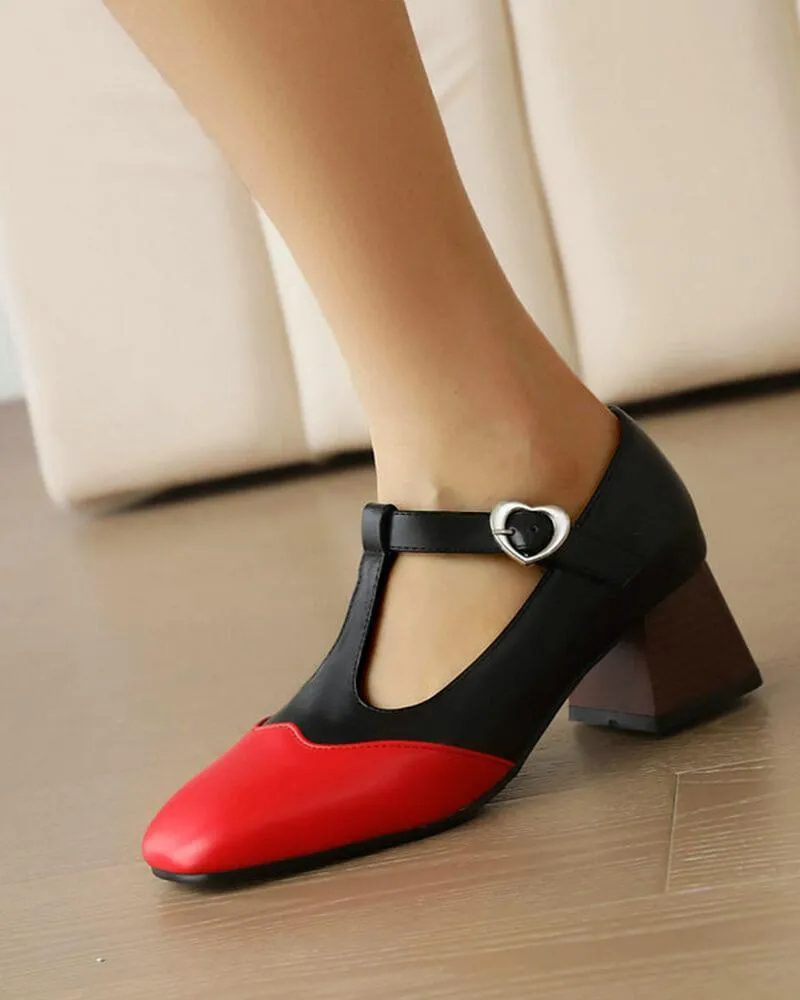 Women's Casual Color Block Square Toe Chunky Heels